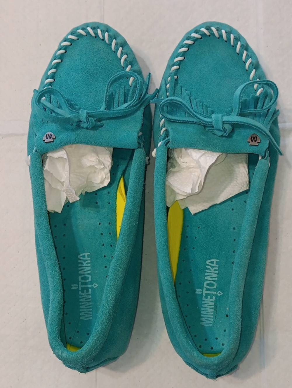Minnetonka Kilty Plus Aqua Suede Moccasins 10
